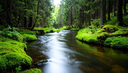 Serene forest stream with lush green surroundings.