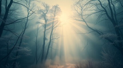 Obraz premium Soft golden sunlight diffusing through the mist in a barren winter forest creating a serene and magical morning moment