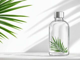 Minimal Transparent Bottle Mockup Tropical Leaves Natural Product