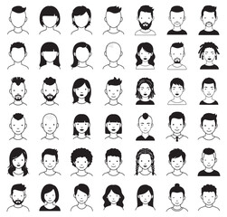 Diverse collection of illustrated faces showing various hairstyles and features