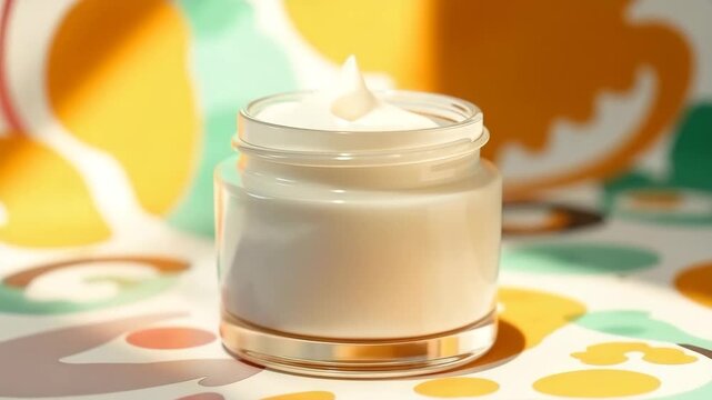 A small glass jar of cream sits on a colorful patterned surface. The cream is white and smooth, reflecting light from above.