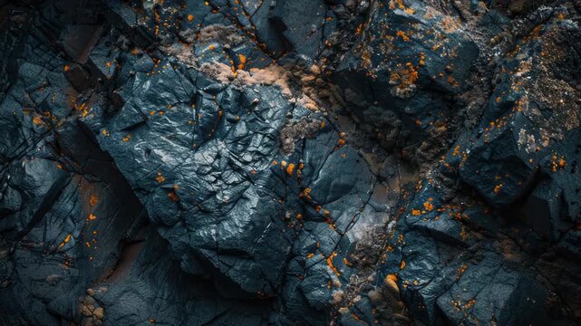 Close-up view of a rock covered in vibrant orange lichens