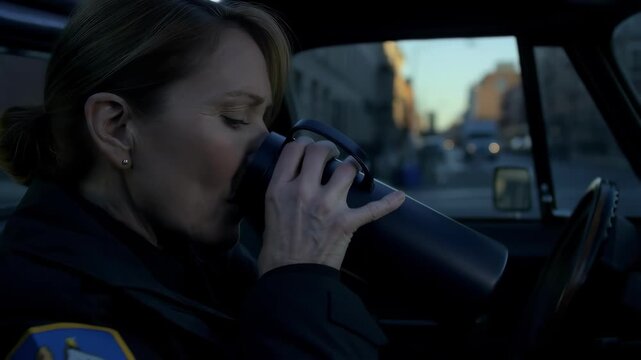 Woman sitting in car holding coffee cup during evening commute, thoughtful expression while traveling through urban city streets &ndash; contemplation and reflection during transportation journey.