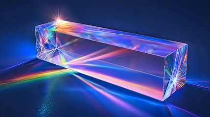 Prismatic rectangular block, vibrant colors, light refraction, displaying spectral decomposition