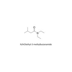 N,N-Diethyl-3-methylbutanamide skeletal structure. Branched aliphatic amide compound schematic illustration. Simple diagram, chemical formula.