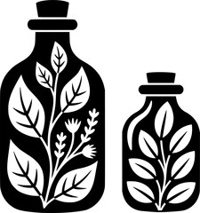 Bold black silhouette of medicine bottle with leaves and herbal accents symbolizing natural wellness and botanical health concept