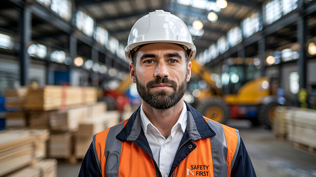 Portrait of construction worker in warehouse with safety gear and hard hat looking