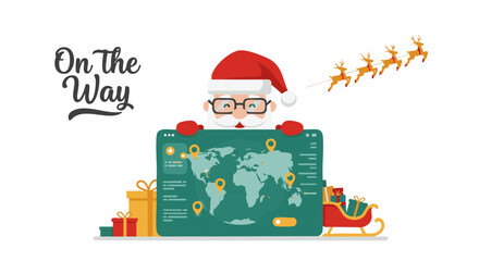 Santa Claus with delivery hologram flat vector icon on white