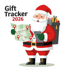 Santa tracking map on tablet flat vector icon red green on white