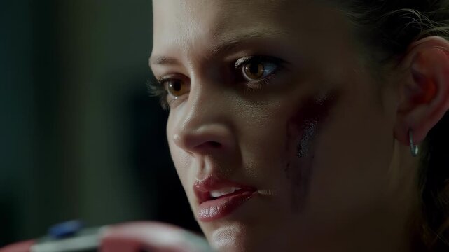 Emotional young woman with tears crying in dark room, mental health struggle and depression concept for therapy awareness.