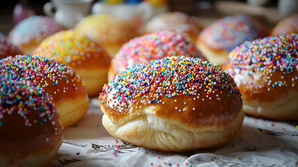 Colorful sprinkled pastries on parchment paper.  A close-up view of several round pastries, topped with vibrant sprinkles in various colors. The pastries appear freshly baked and golden brown