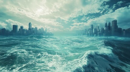 Flooded Metropolis: Ocean Waves Engulfing Distant City Skyline Under Cloudy Sky