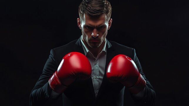 Boxer in suit with red gloves ready to fight.