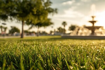 Obraz premium Dewdrops Sparkle On Grass Meadow Near Fountain In Park