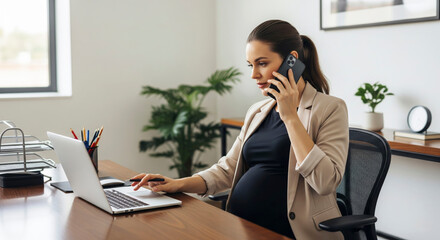 Pregnant woman multitasking in modern office. Professional dedication and work-life balance during pregnancy.