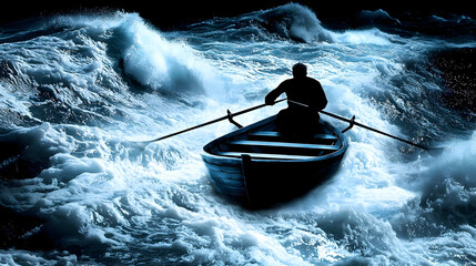 A lone figure rows a small boat through a turbulent sea. Dark waves crash around the vessel. Silhouette of the rower