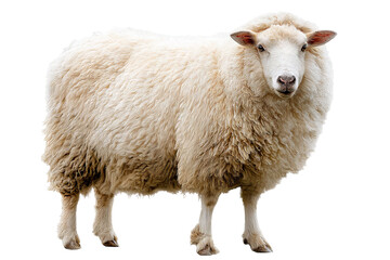 Fototapeta premium High‑resolution sheep PNG cutout on transparent background with realistic wool texture and natural shadows for farm animal branding, dairy product packaging, e‑commerce mockups, kids educational