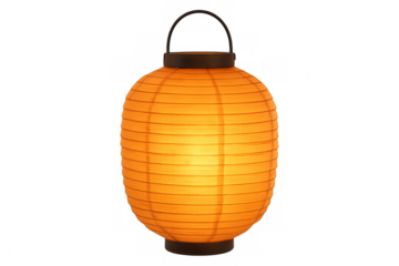 Glowing orange paper lantern hanging with metal handle, radiating warm illumination against transparent backdrop