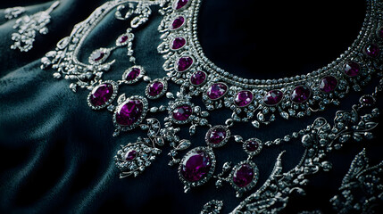 Obraz premium Luxurious necklace with intricate design, featuring large, deep purple gemstones and detailed silver filigree. Dark backdrop accentuates the piece