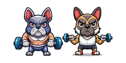 Vector French Bulldog lifting tiny dumbbells with determined face, sweating hard, fitness motivation illustration, cute strong dog workout, gym pet cartoon, healthy lifestyle design.
