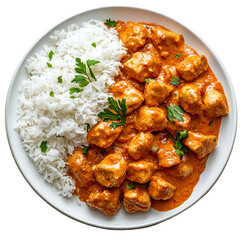 Butter chicken with white rice isolated on transparent background