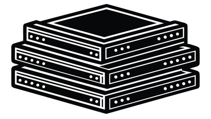 Stacked black and white isometric servers with multiple ports and a square top panel design element