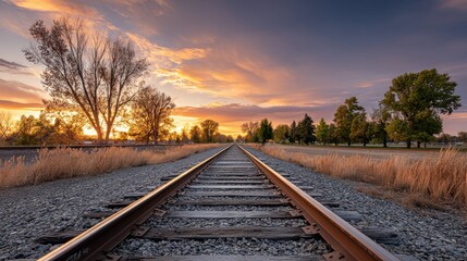 Fototapeta premium A picturesque sunset scene featuring railway tracks leading into the distance under a colorful sky with trees and grass on either side.
