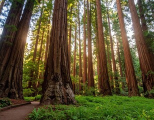 Sunlight filtering through giant redwood trees (1)