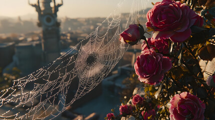 Delicate spiderweb adorned with morning dew, draped over a city skyline, framed by vibrant pink roses