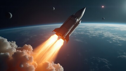 Fototapeta premium Rocket launching into space, surrounded by clouds.
