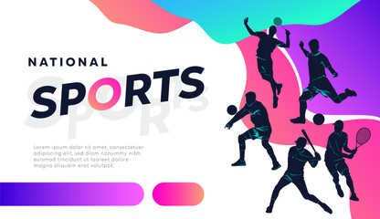 A colorful poster for National Sports Day featuring silhouettes of athletes playing volleyball, soccer, tennis, baseball, and badminton on a vibrant, gradient background. Sports celebration. 