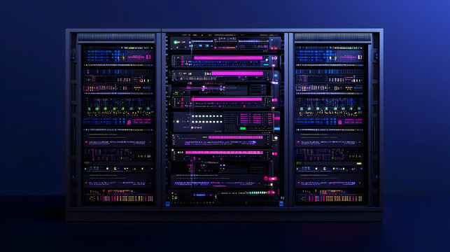 Dark, futuristic server rack with glowing components.  Displays various network and data processing units.  Intricate circuitry and panels