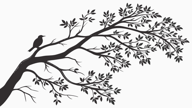 A serene silhouette of a bird perched on a leafy branch against a minimalist backdrop.