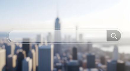 A transparent search bar overlaying a blurred cityscape with skyscrapers