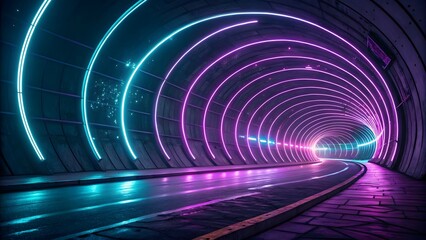 Futuristic tunnel with glowing neon blue and purple circular lights and wet road.