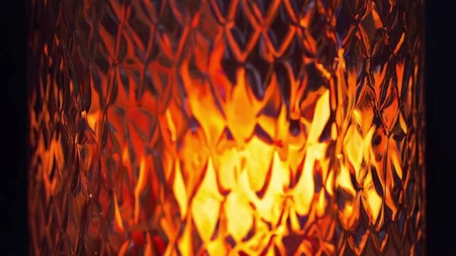 Blurred orange-yellow spots of fire are visible through the patterned frosted glass. A bright candle flame behind a ribbed lampshade..