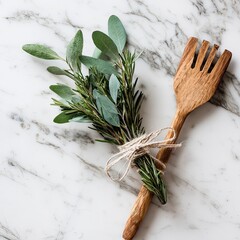Fresh herbs tied with twine, wooden utensil on marble