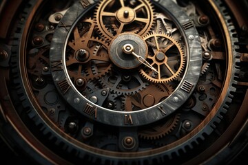 Obraz premium Close up of a clock face revealing complex gears and mechanisms, showcasing the intricate engineering of timekeeping