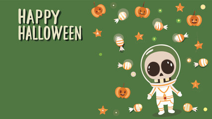 Fototapeta premium Happy halloween with skeleton astronaut pumpkins stars and candies on a green background illustration