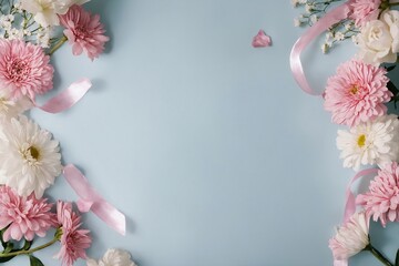 Floral frame of white and pink flowers on a blue background with space for text