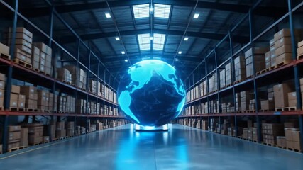 A digital globe in a warehouse symbolizes global supply chain connectivity. 4k video - Powered by Adobe