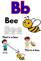 Educational cartoon for kids, learning letter B with adorable bee illustrations and children characters enhancing learning