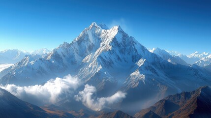 Obraz premium Majestic Snow-Capped Mountain Peak Surrounded by Clear Blue Sky and Fluffy Clouds in the Himalayas During Bright Sunny Day