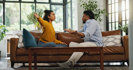 Home, fighting and couple on sofa, argument and relationship with divorce, stress and upset....