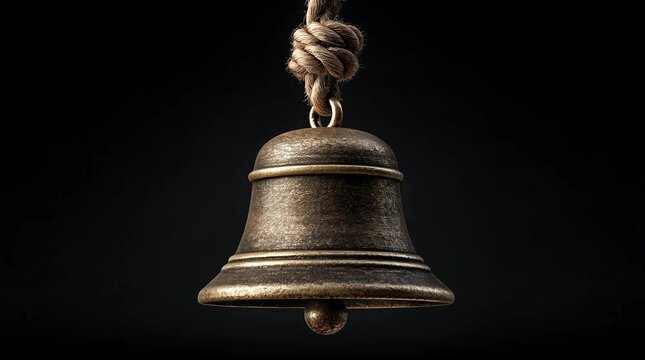 Antique Brass Bell Hanging by a Rustic Rope Against Dark Backdrop
