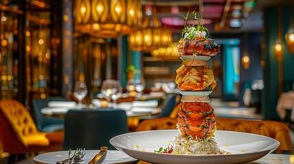 A culinary tower cooked lobster segments and rice stack on dishes in a luxurious restaurant setting illuminated by golden lights