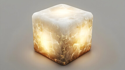 A luminous, cube-shaped object with a marbled, light beige and tan exterior.  Warm, golden light emanates from within