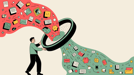 data scientist filtering messy information through a large sieve vector illustration, data cleaning, information preprocessing and big data transformation