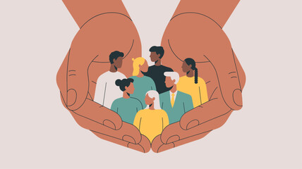 large hands holding a diverse group of people vector illustration, community protection, social care, and diversity and inclusion support