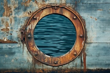 Fototapeta premium Calm water surface seen through rusty porthole on weathered wooden hull of old ship